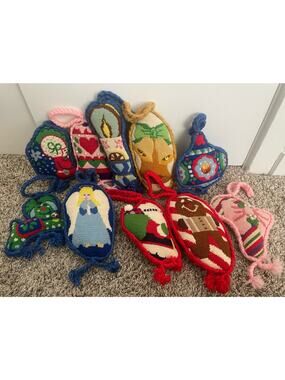 Vintage Christmas Needle Work Ornament Lot Of 10 Candle Angel Santa Reindeer
